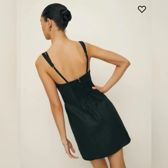 Reformation Lovella black and white linen mini dress with ruffled bust